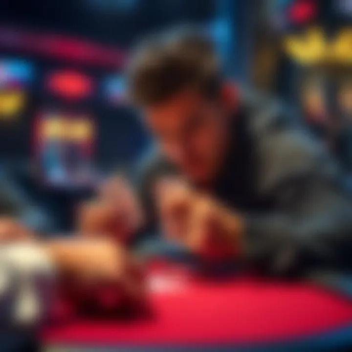 Intense Poker Game A player looks at their cards while facing an aggressive opponent at a poker table. Chips are stacked high, and tension fills the room as the final bet is placed.
