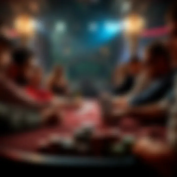 A tense poker game in progress with players focused on their cards and chips scattered on the table, showcasing bold bets and raised stakes.