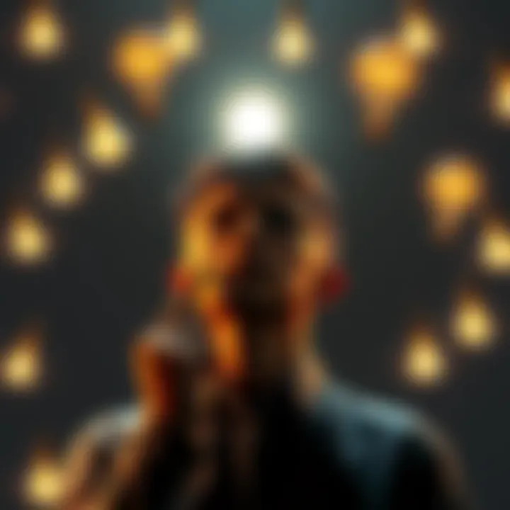 A person contemplating choices, surrounded by light bulbs representing ideas and insights, symbolizing intuition's role in decisions.