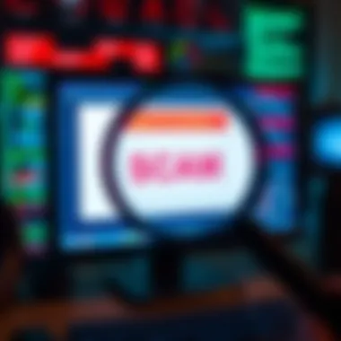 A magnifying glass over a computer screen displaying warning signs of a scam.