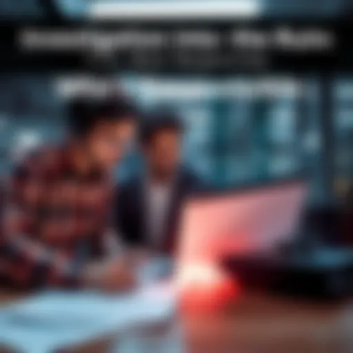 A team of people discussing over documents and a laptop, analyzing details of an investigation.