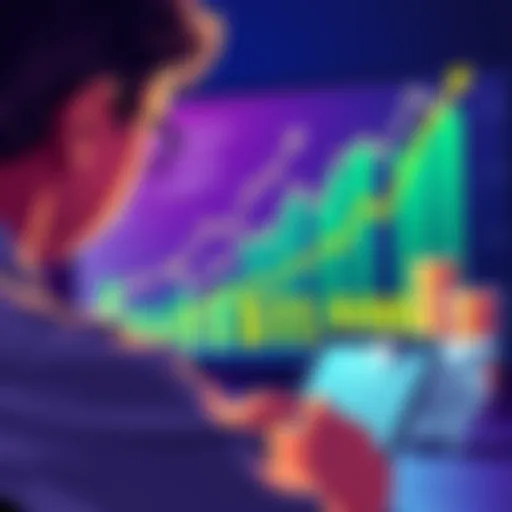 Illustration of a person looking at investment charts with money growing and a piggy bank in the background.