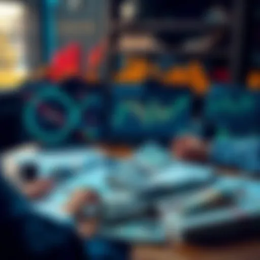 A person analyzing charts and graphs related to investment risks and rewards, with money on a table