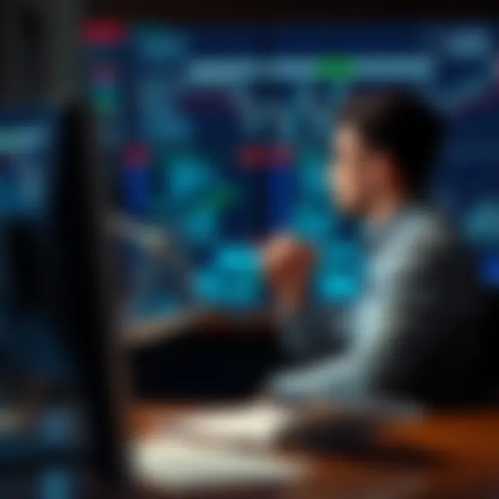 A person sitting at a desk looking at financial documents and a computer screen, deep in thought about cashing out investments.