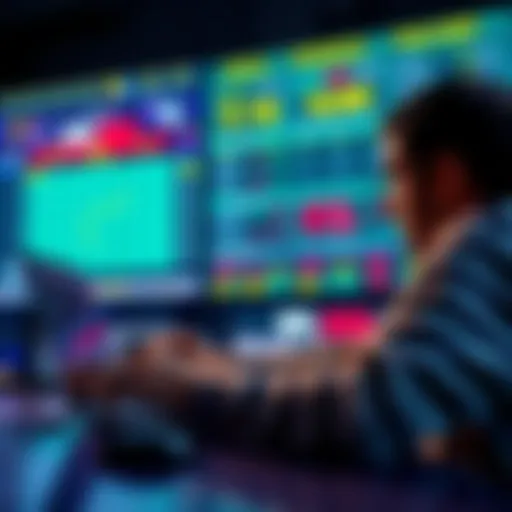 A person analyzing betting odds on a laptop with cricket-themed graphics in the background