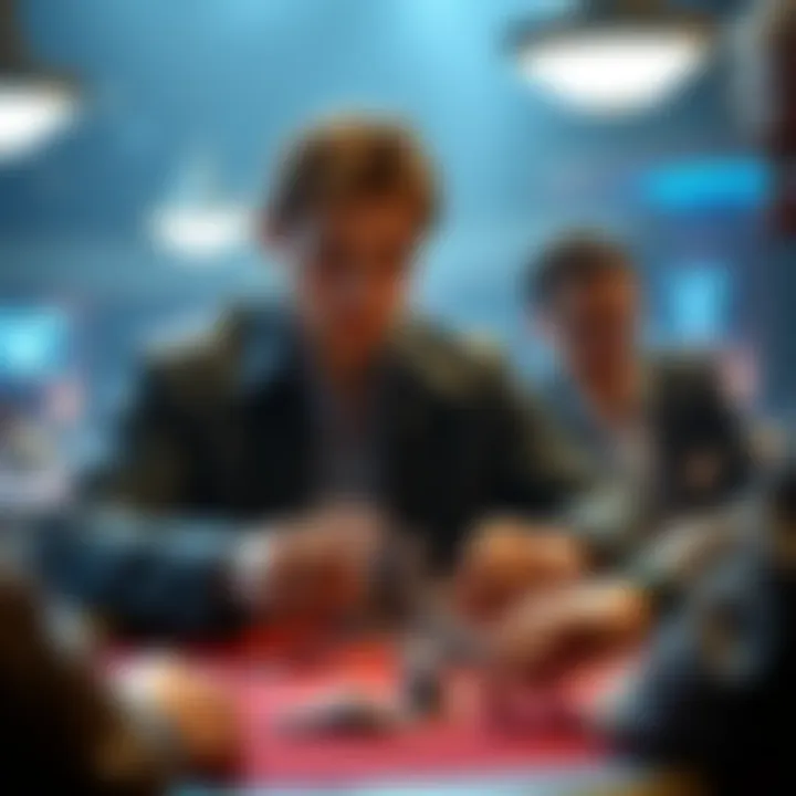 Isildur at the poker table, throwing in chips while holding an ace high hand, his opponent looks on with a king high hand ready to call.