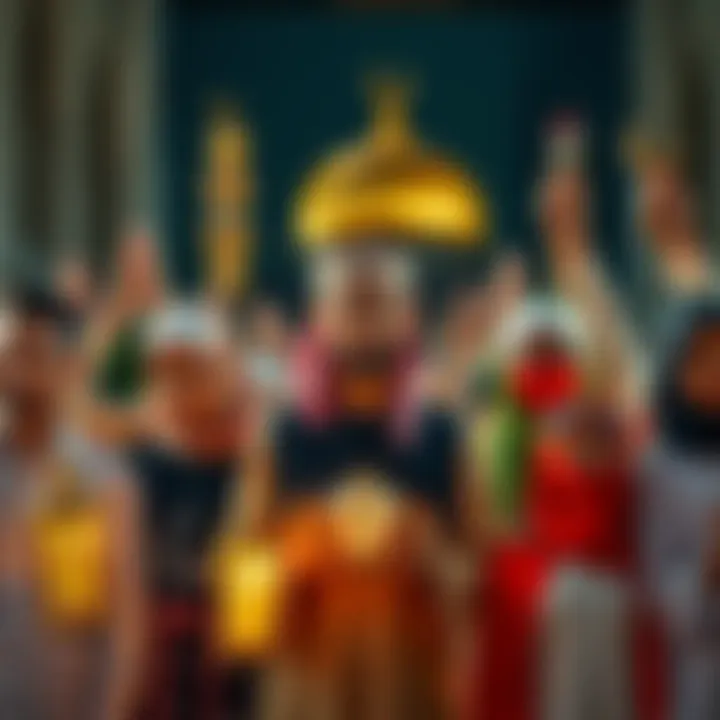 A group of diverse individuals holding Islamic symbols, showing unity and cultural significance.