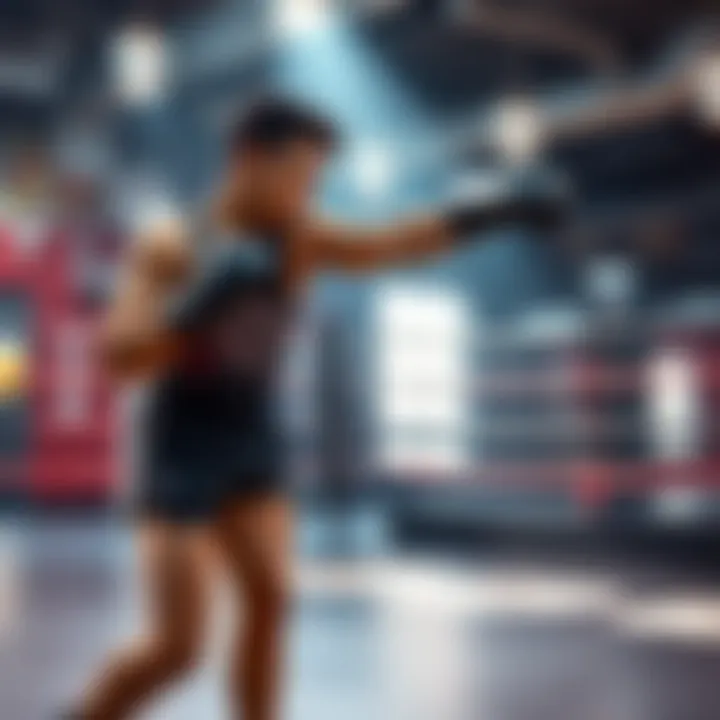 Izzy practicing kickboxing moves and defensive techniques in a gym setting