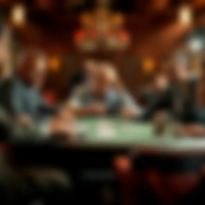 A poker table with three players in a tense showdown, showing a winning hand of Jack-high while another player folds aces.