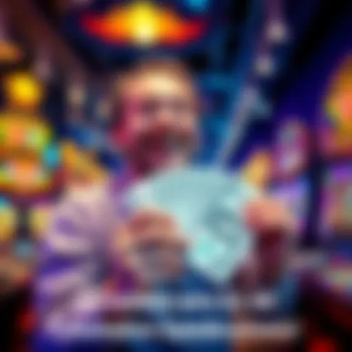 A smiling winner holding cash after a small spin victory in a casino, showcasing excitement and joy.