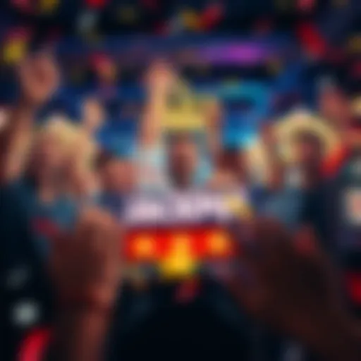 A group of happy players celebrating a jackpot win at an online gaming site, with confetti and virtual slot machines in the background.