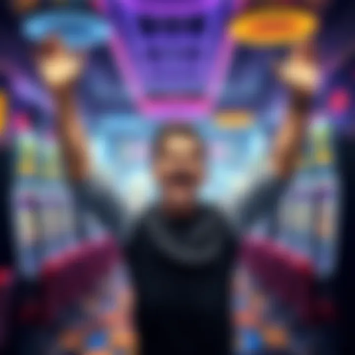 A joyful player raises their arms in celebration after hitting a $24,000 jackpot, surrounded by colorful slot machines.