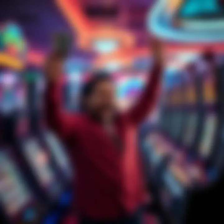 A person celebrating a big win on a slot machine, holding cash with excitement in a casino setting.