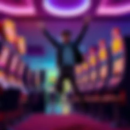 Excited person jumping in front of a slot machine after winning a jackpot