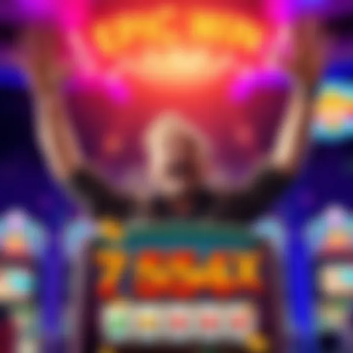 A joyful player with hands raised in celebration after hitting a huge jackpot on Cursed Seas slot machine, surrounded by bright lights and slot machine graphics.