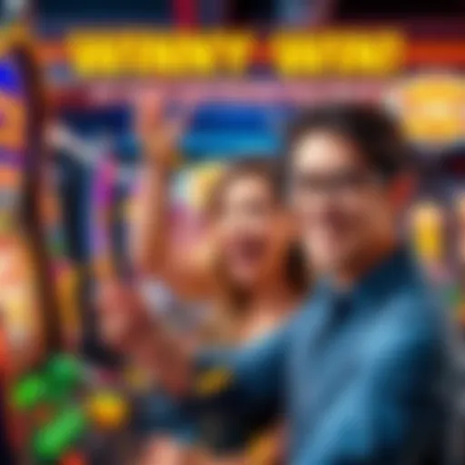 A smiling person celebrating a big win at a penny slot machine with coins and cash in hand.