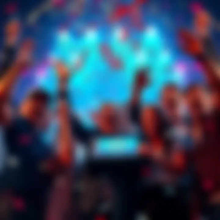A group of excited people celebrating a massive jackpot win, with confetti falling around them and expressions of joy.