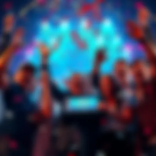 Jackpot Winner Celebration A group of excited people celebrating a massive jackpot win, with confetti falling around them and expressions of joy.