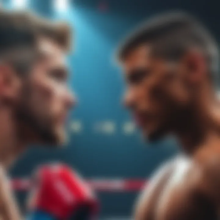Jake Paul and Anthony Joshua facing each other Jake Paul and Anthony Joshua in a boxing ring, preparing for a match with intense expressions