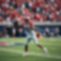 Jalen Hurts in a football uniform throwing a pass during a game, with players in the background reacting.