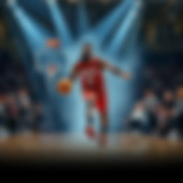 James Harden dribbling the basketball during a game, showcasing his skills and competitive spirit