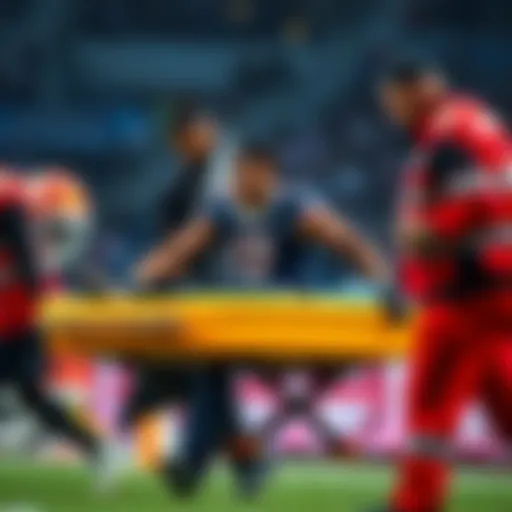 Athlete Jayden being carried on a stretcher by medical staff during a game