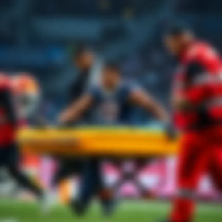 Athlete Jayden being carried on a stretcher by medical staff during a game