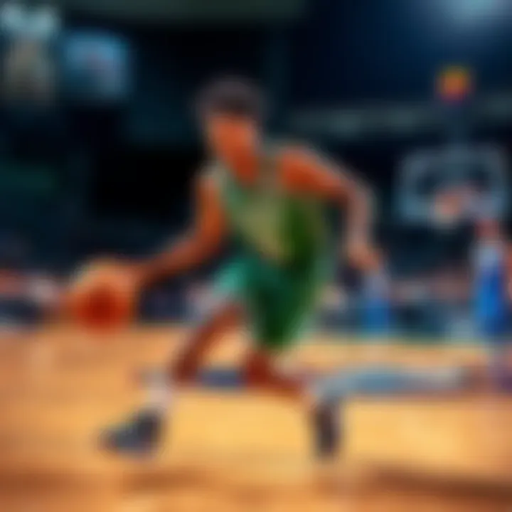 Jaylen Brown dribbling the basketball during a game, showing determination on the court.