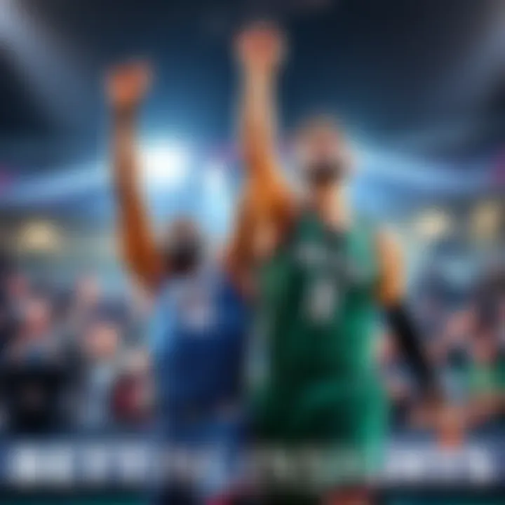 Jaylen Brown and Nikola Vucevic celebrating a basketball victory, showcasing teamwork and joy after a successful game.