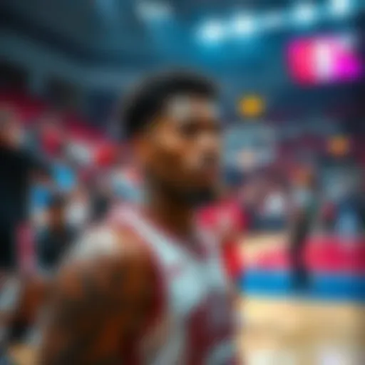 Basketball player Jaylen looking disappointed on the court Jaylen stands on the basketball court with a frustrated expression after a poor performance, surrounded by teammates and fans