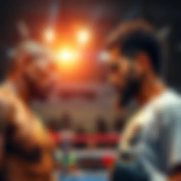 JDM and Islam face each other in a boxing ring, ready to fight, with an audience in the background.