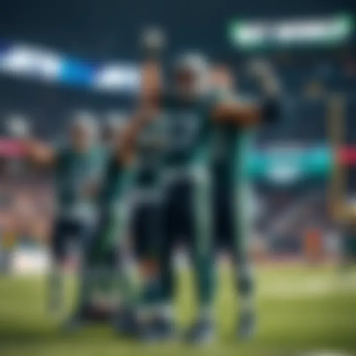 Jets players celebrating a $3,000 win on the field