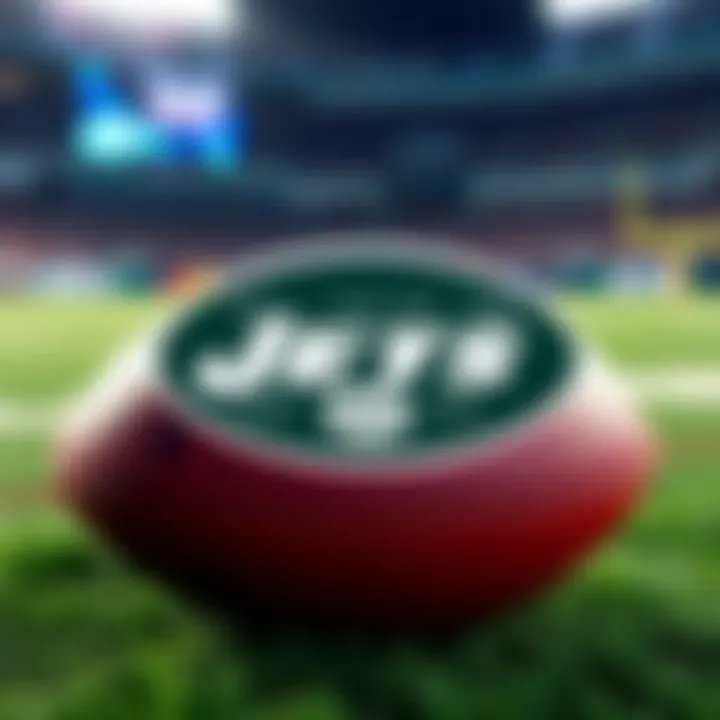 New York Jets logo with a football on the field, highlighting their upcoming game