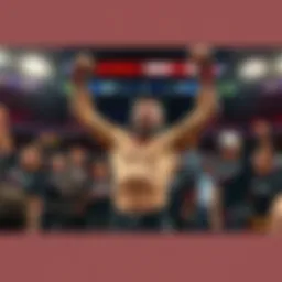 Jim Miller raises his arms in victory after an MMA fight, surrounded by cheering fans and teammates