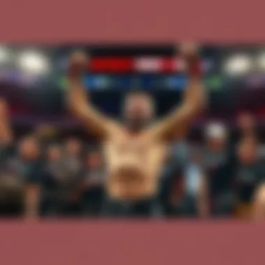 Jim Miller raises his arms in victory after an MMA fight, surrounded by cheering fans and teammates