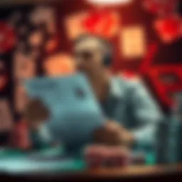 Job Seeker with Poker Background A person reviewing their resume at a desk, surrounded by poker chips and job listings, looking focused and determined.