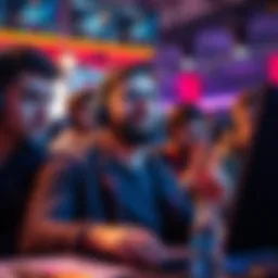 John Cerasani confidently showcasing his gaming skills in a competitive setting, surrounded by other players looking intrigued and skeptical.