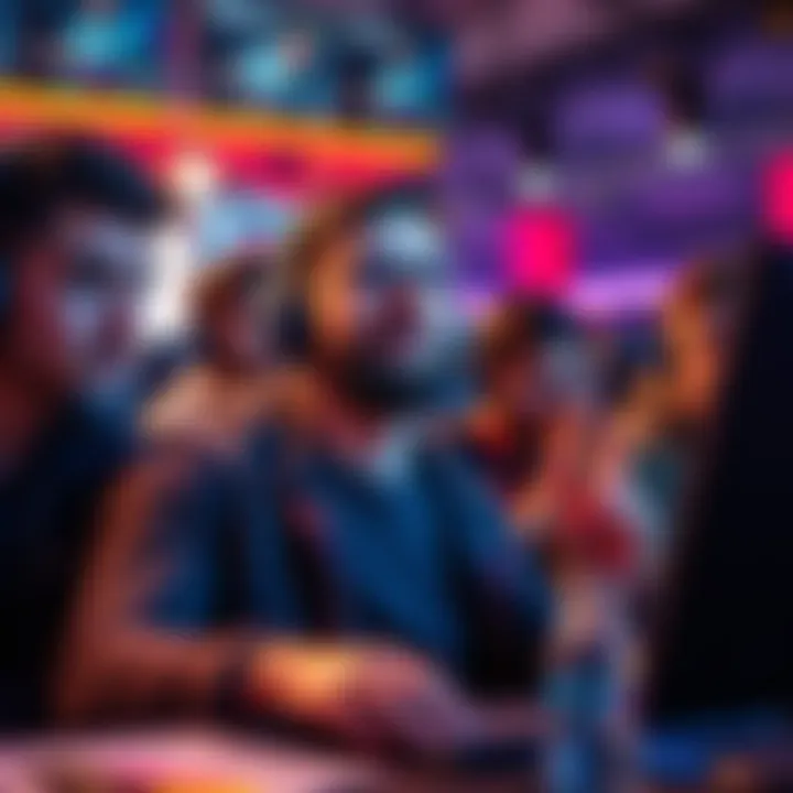 John Cerasani confidently showcasing his gaming skills in a competitive setting, surrounded by other players looking intrigued and skeptical.