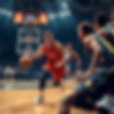 Nikola Jokic dribbles the ball during a game, surrounded by teammates in a competitive matchup.