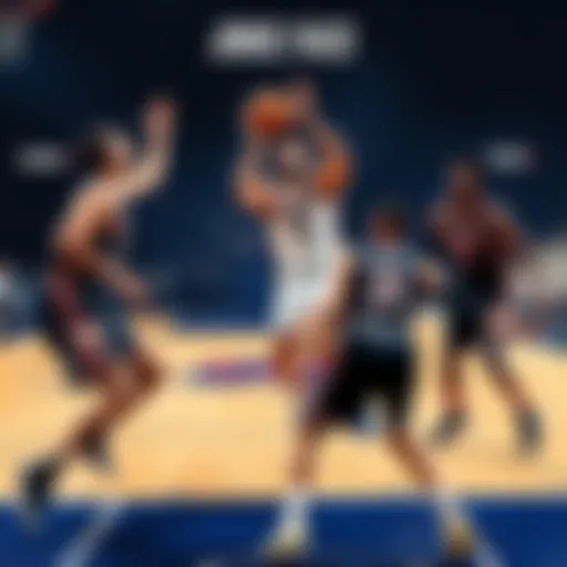 Jokic being surrounded by multiple defenders on the court as he looks to pass the ball.