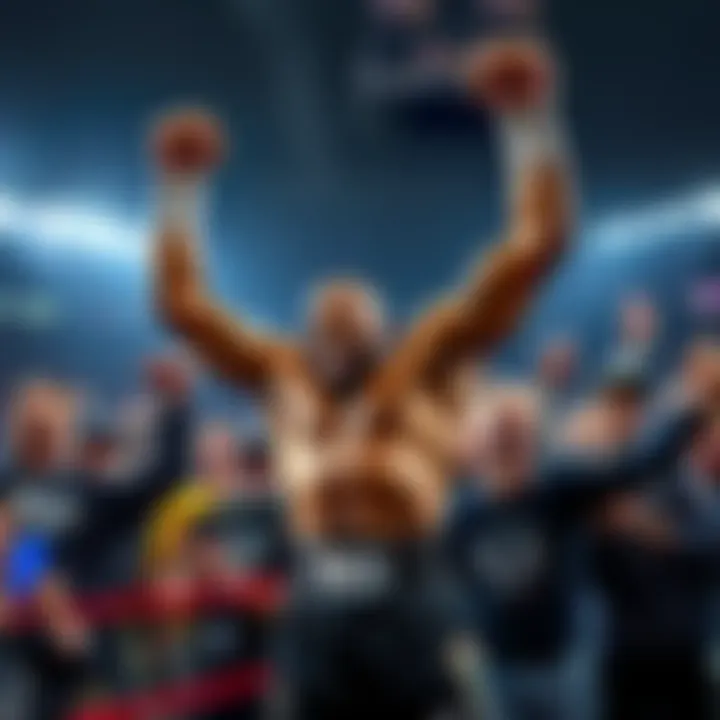 Jones Celebrating TKO Victory Jones raises his fists in celebration after winning the match by TKO, surrounded by excited fans and team members.