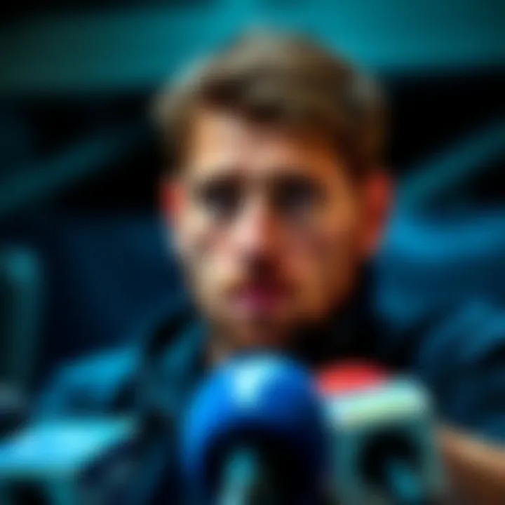Josh Giddey looking concerned during a press conference about his recent ban