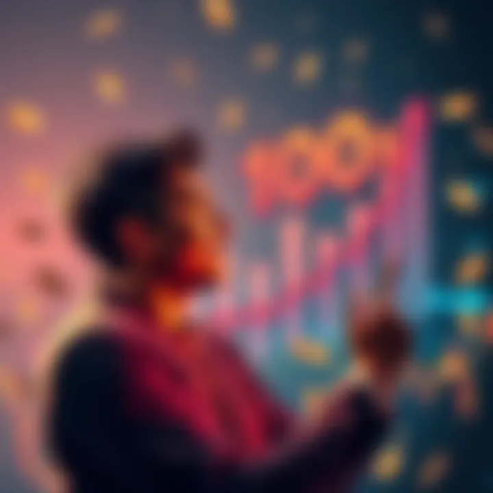 A person excitedly looking at a growing chart symbolizing financial success, with cash symbols around them.