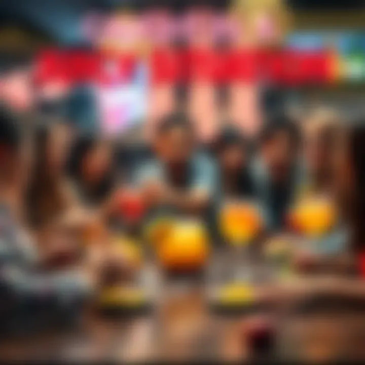 Juicy Situation Unfolding A group of people gathered around a table, excitedly discussing an unexpected twist in a story while holding fruity drinks. Their expressions show surprise and intrigue.