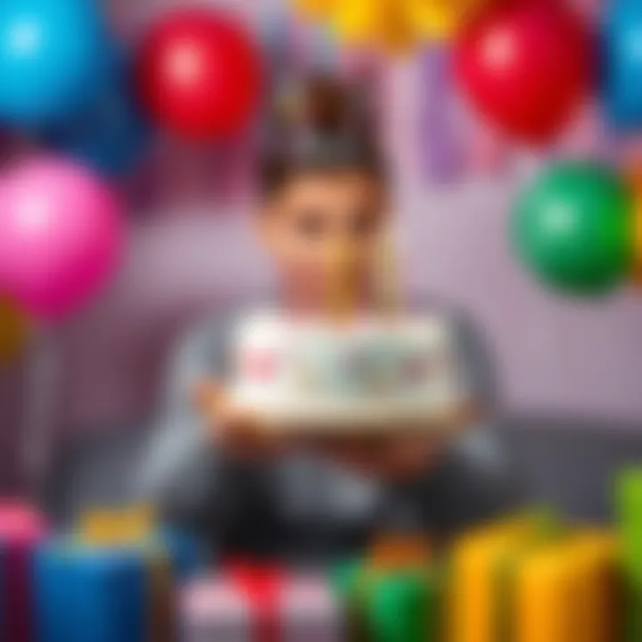 July Birthday Celebration A person holding a birthday cake with candles surrounded by colorful balloons and gift boxes, celebrating a July birthday
