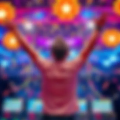 A person celebrating after winning a jackpot, arms raised in excitement with confetti falling around them.
