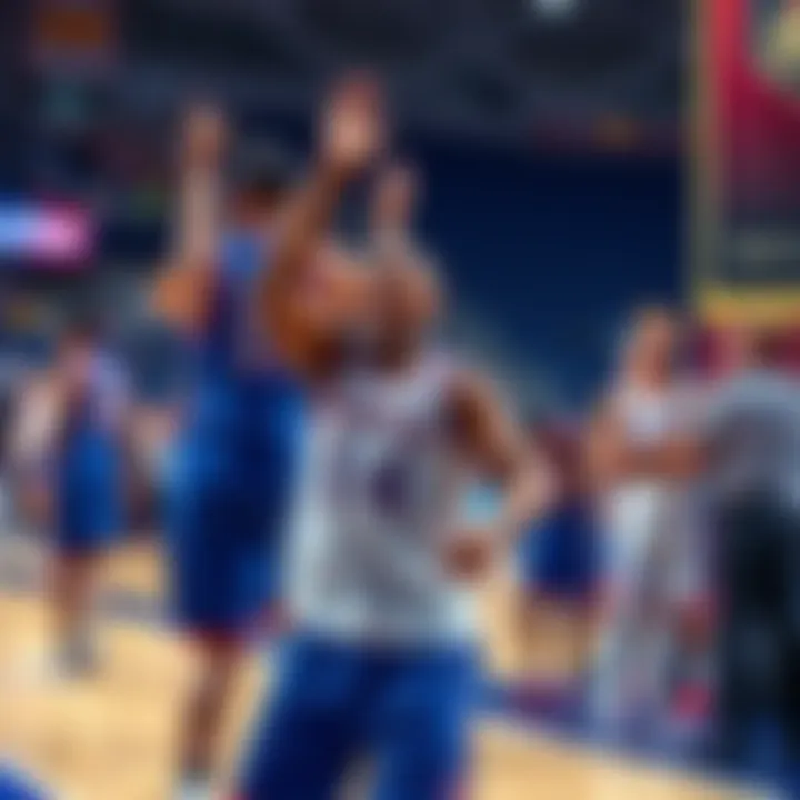 Kansas Basketball vs UConn Kansas team celebrates a victory while UConn struggles in the background during their game against Furman.
