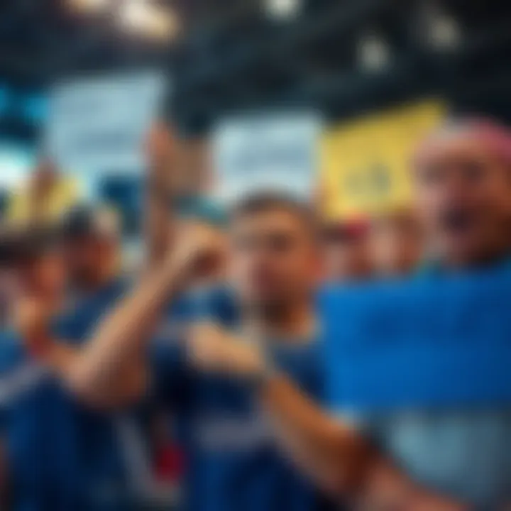 A group of disappointed Kansas City sports fans showing frustration during a game, holding signs for change.