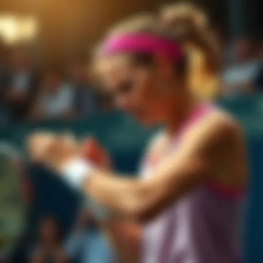 Karen struggling during a tennis match, showing frustration after losing break points.