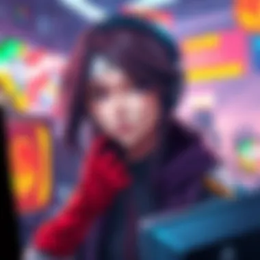 Katarina in a game setting A character resembling Katarina from a game, showcasing her determined expression and active gaming environment, with colorful graphics in the background